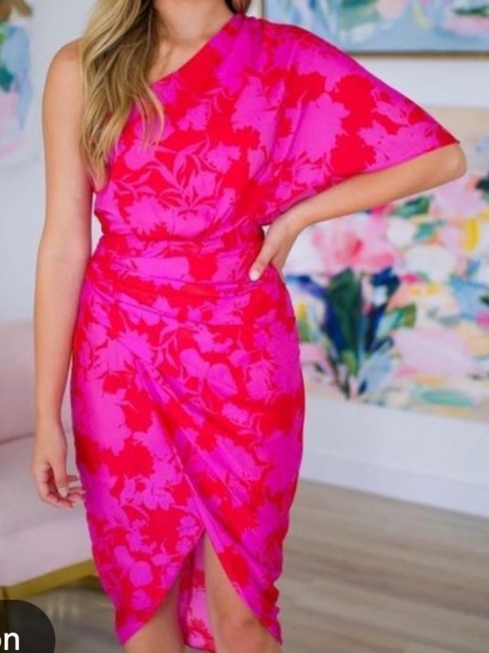 DO+BE Vibrant Fuchsia & Hot Pink One-Shoulder Floral Dress